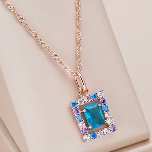 585 Rose Gold Square Pendant Necklace for Women Blue Natural Zircon Necklaces - Picture 1 of 5